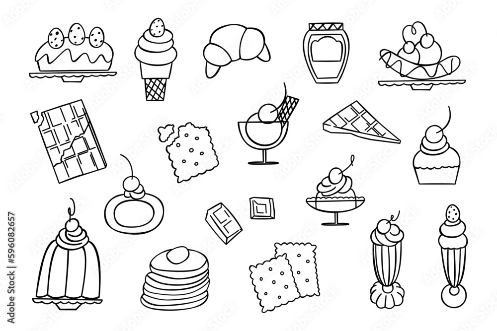 Sweets doodle set. Desserts in sketch style. Hand drawn vector illustration isolated on white background. Sweets doodle set. Desserts in sketch style. Hand drawn vector illustration isolated on white background.