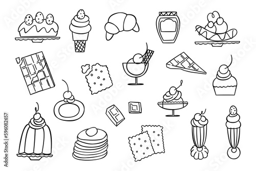 Sweets doodle set. Desserts in sketch style. Hand drawn vector illustration isolated on white background.