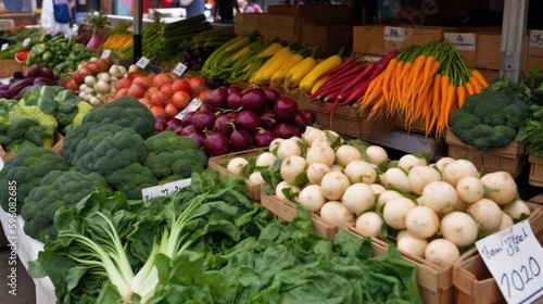 A mix of colorful vegetables displayed on stalls on market. Generative AI
