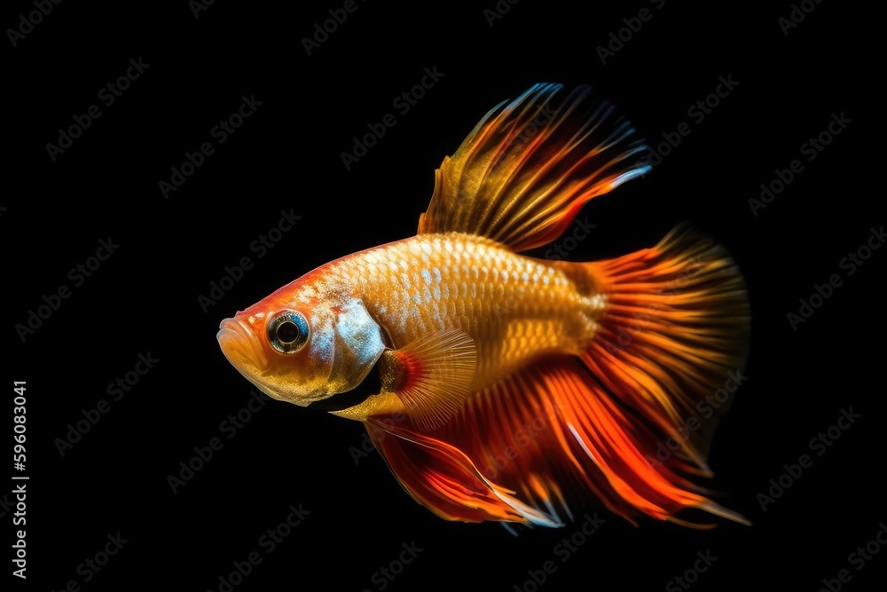 vibrant goldfish swimming in a dark, black background. Generative AI