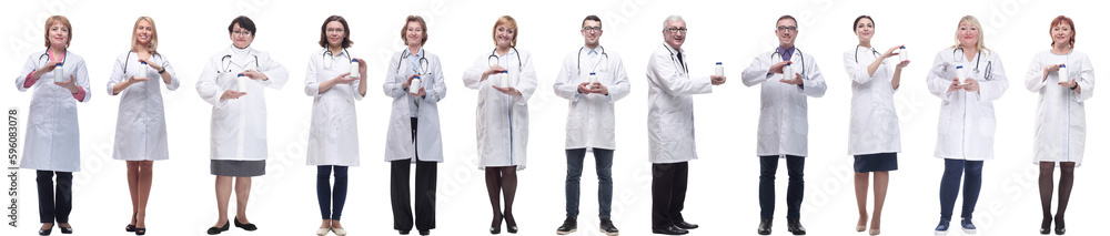 group of doctors holding jar isolated on white group of doctors holding jar isolated on white