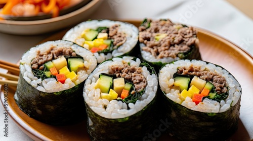 A close-up A dish of kimbap a Korean rice roll filled with vegetables served ona tradtional bowl.  Generative AI photo