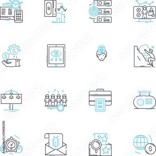 Investment field linear icons set. Stocks, Bonds, Real Estate, Commodities, Mutual Funds, ETFs, Retirement line vector and concept signs. Diversification,Risk,Inflation outline illustrations