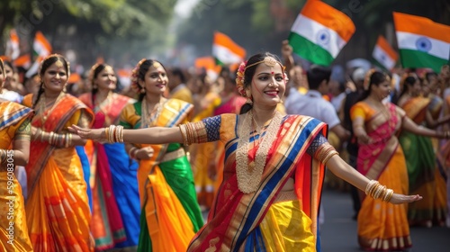 Women celebrating during the dynamic Maharashtra Day, background flags in India. Generative AI