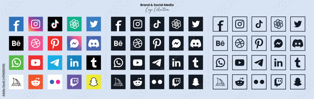 Popular social network symbols, social media logo icons collection ...