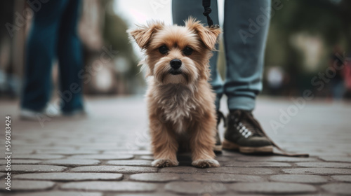 Dog closeup in urban setting. Pet and human on a footpath in the city. Generative AI © vitpluz
