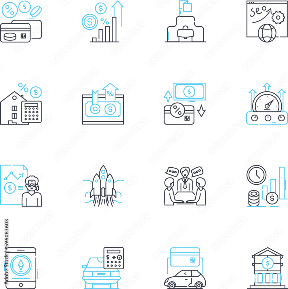 Budgetary revenue linear icons set. Income, Taxation, Fiscal, Revenue, Earnings, Funds, Monies line vector and concept signs. Receipts,Profits,Resources outline illustrations