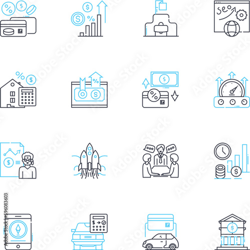 Budgetary revenue linear icons set. Income, Taxation, Fiscal, Revenue, Earnings, Funds, Monies line vector and concept signs. Receipts,Profits,Resources outline illustrations