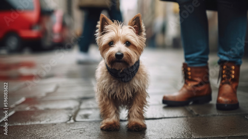 Close-up of a dog on a city sidewalk. Urban pets lifestyle. Generative AI © vitpluz