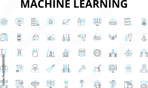 Machine learning linear icons set. Algorithms  Neural nerks  Prediction  Deep learning  Artificial intelligence  Data mining  Computer vision vector symbols and line concept signs. Pattern recognition