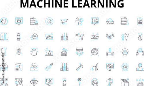 Machine learning linear icons set. Algorithms, Neural nerks, Prediction, Deep learning, Artificial intelligence, Data mining, Computer vision vector symbols and line concept signs. Pattern recognition