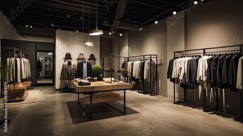 An interior shot of a boutique clothing store featuring custom-made suits.Luxury.  Generative AI