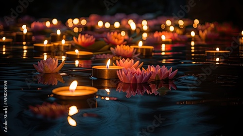 A peaceful Wesak Day scene with glowing candles and delicate flowers floating on a pond. Generative AI