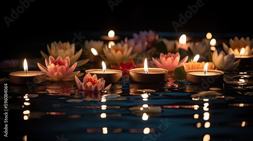 A peaceful Wesak Day scene with glowing candles and delicate flowers floating on a pond. Generative AI