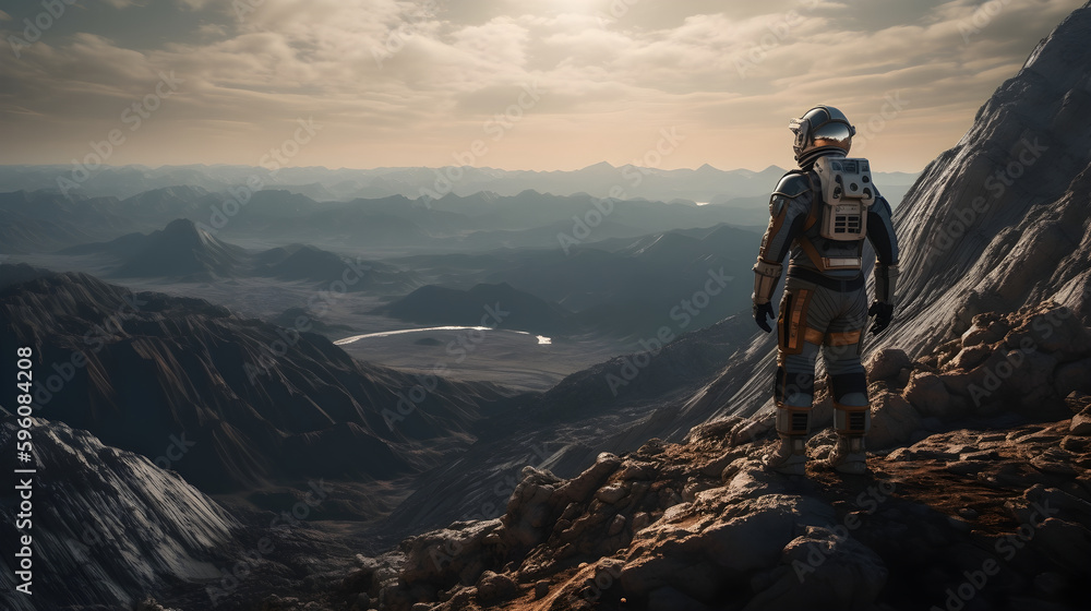 Astronaut stands on top of mountain on alien planet. Generative AI. Astronaut stands on top of mountain on alien planet. Generative AI.