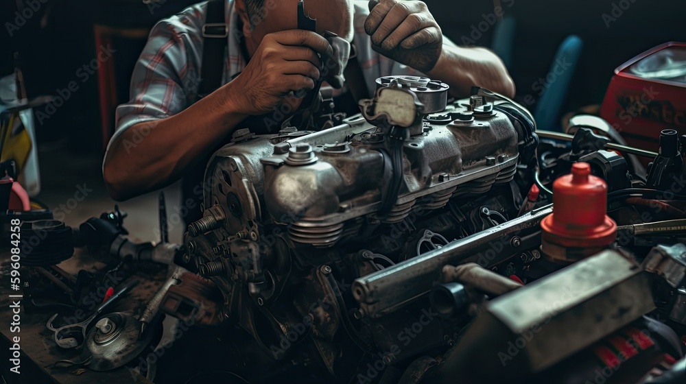 A mechanic working on an engine. Generative AI