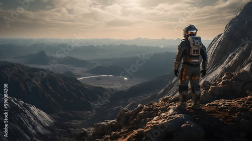 Astronaut stands on top of mountain on alien planet. Generative AI.