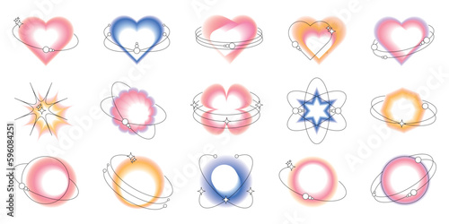 Blurred aura gradient elements, colorful soft gradients. Blur circle, heart stars, earth, various geometric shapes with blur effect vector set.
