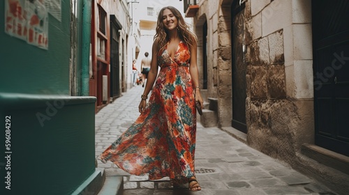 A picture of a woman wearing a colorful maxi dress. Generative AI
