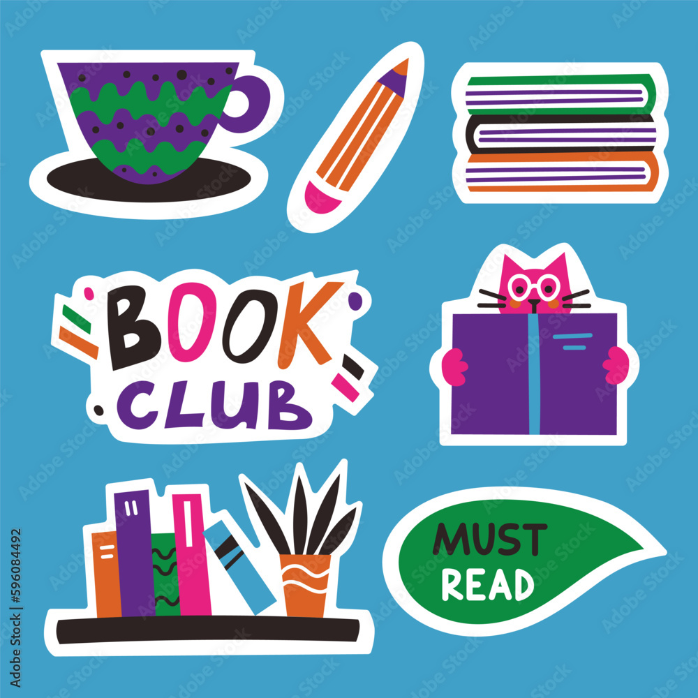 Set of vector stickers with book club elements. Vector flat illustration with cute design elements and handwritten lettering. Set of vector stickers with book club elements. Vector flat illustration with cute design elements and handwritten lettering.