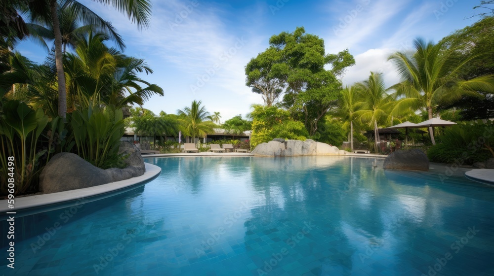 Fototapeta premium A big swimming pool in tropical resort. Gnerative AI