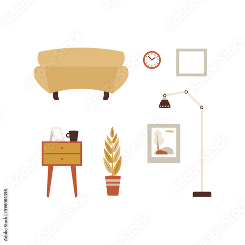 Vector illustration of interior elements on white background.  Sofa, bedside table, home plant, lamp, framed pictures.