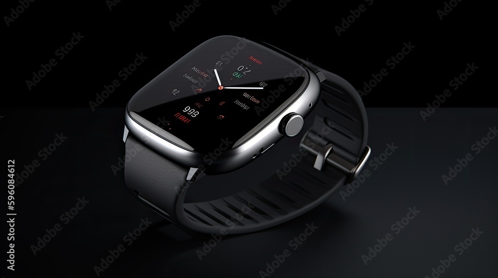 A high-tech analog wristwatch on black background. Generative AI A high-tech analog wristwatch on black background. Generative AI