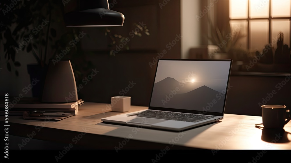 living room with a laptop on top of the workspace table, lamb light, plant decor, and sunset sun rays from the window. Generative AI living room with a laptop on top of the workspace table, lamb light, plant decor, and sunset sun rays from the window. Generative AI