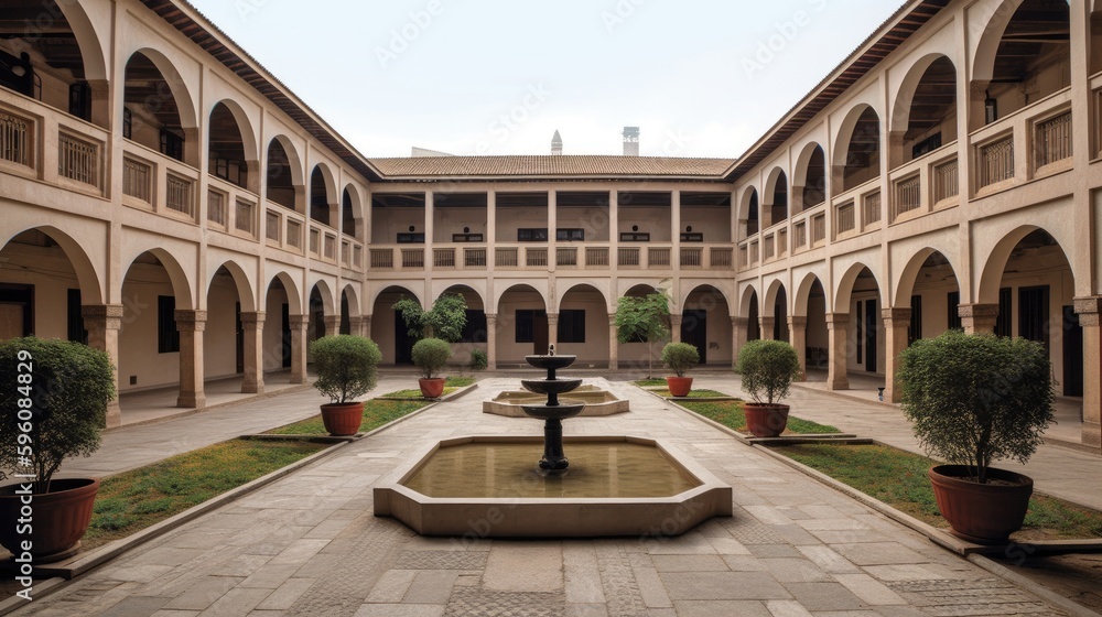 A symmetrical building with a central courtyard and fountain. Generative AI
