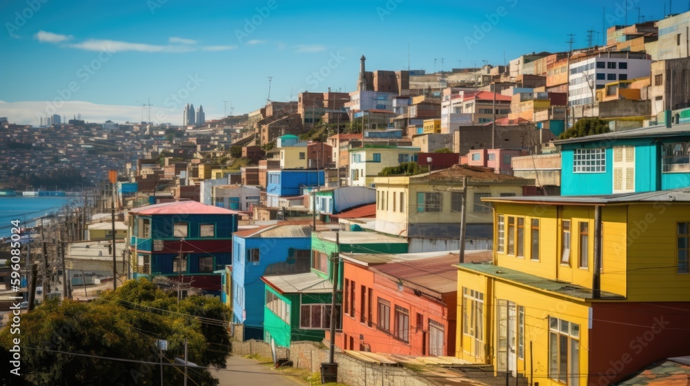 Colorful streets and buildings of Valparaiso, Chile. Generative AI