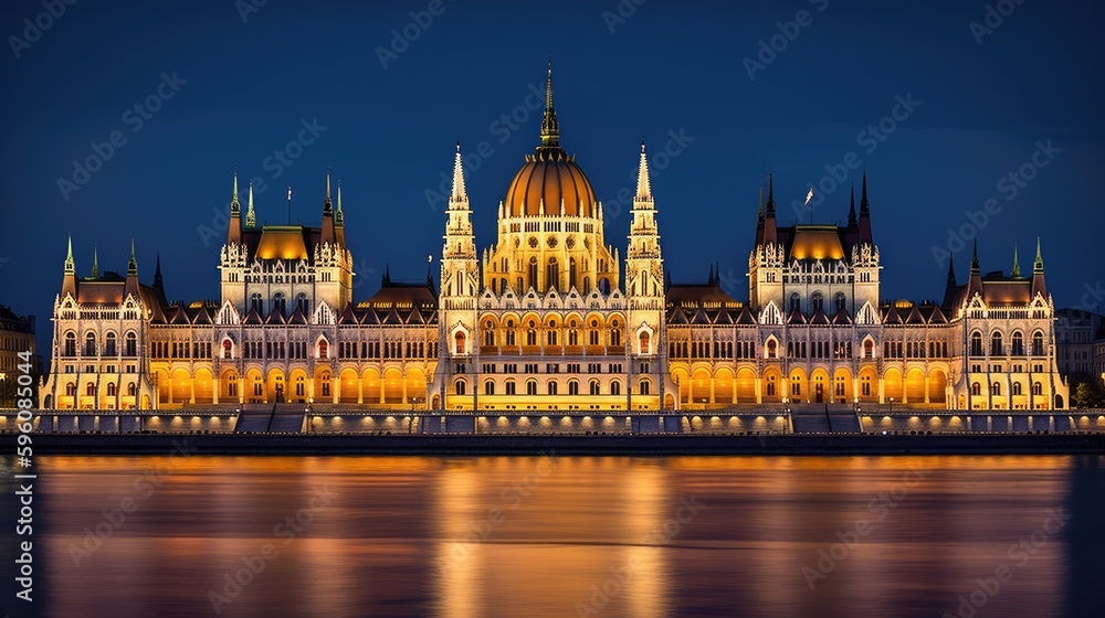 Budapest Hungarian parliament at night, excellent blue sky, Generative AI