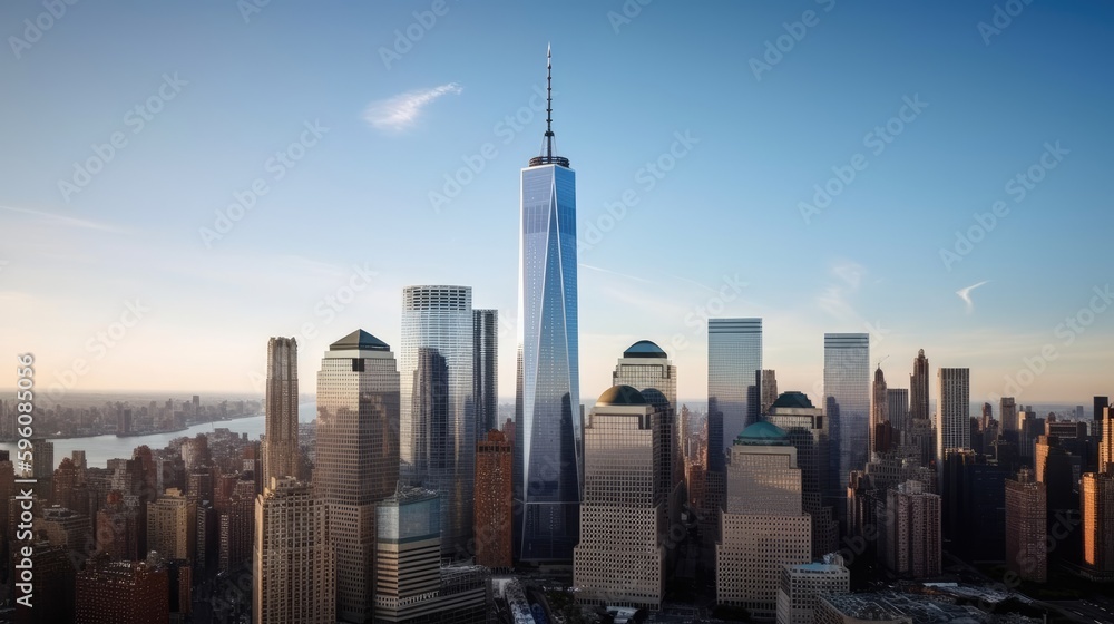 Fototapeta premium City skyline with the futuristic Empire State Building in the foreground, blue skies, Generative AI