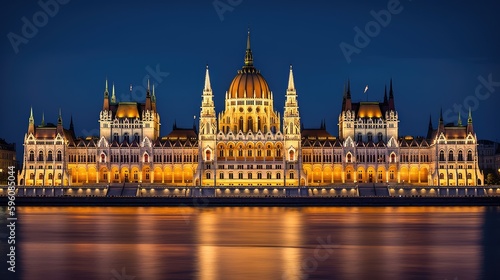 Budapest Hungarian parliament at night, excellent blue sky, Generative AI