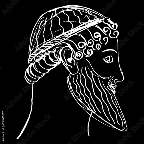 Ancient Greek god Poseidon. Head of a handsome bearded antique man in profile. Male portrait. Hand drawn linear doodle rough sketch. White silhouette on black background.