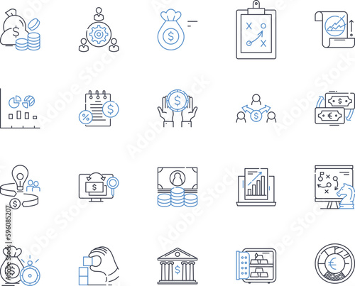 Asset sector line icons collection. Valuation, Management, Investments, Liabilities, Depreciation, Marketable, Portfolio vector and linear illustration. Equity,Diversification,Bonds outline signs set