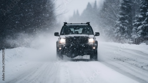 The car drives on a snow-covered road, Winter season  generative ai © Mockup Station