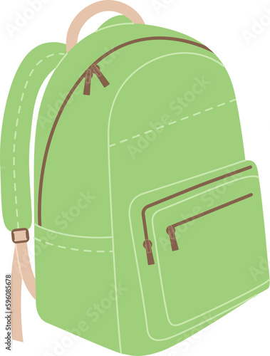 Green backpack in simple style isolated on white background. School satchel, travel rucksack. Vector flat illustration