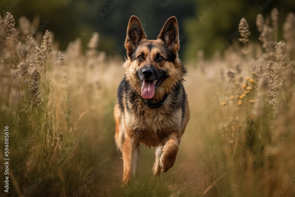 A german shepherd dog runs through a field of tall grass Generative AI