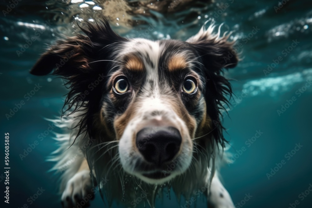 A dog swimming underwater with a blue background and the word dog on the bottom Generative AI