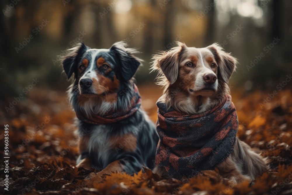 Two dogs in a forest with autumn leaves on the ground Generative AI Two dogs in a forest with autumn leaves on the ground Generative AI