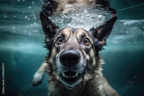 A dog is swimming under water with its head above the water Generative AI