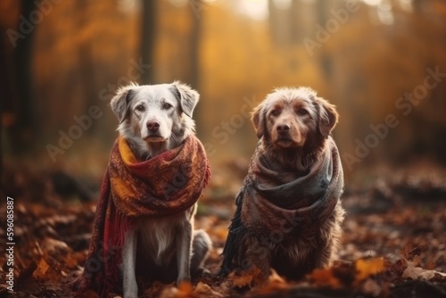 Two dogs wearing a scarf and sitting in the woods Generative AI