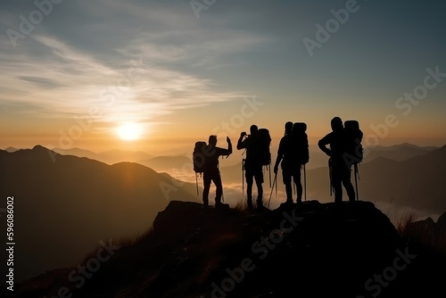 A group of hikers stand on a mountain top watching the sunset Generative AI