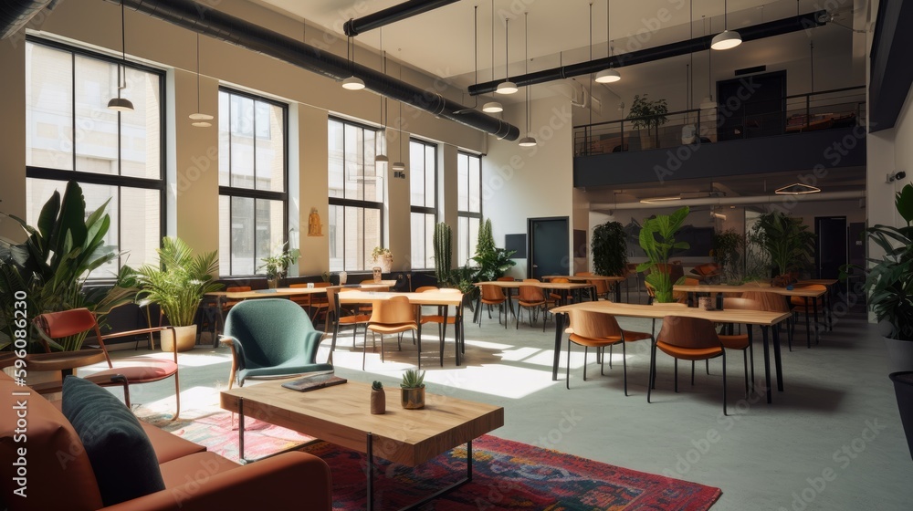 An interior shot of a trendy coworking space featuring modern furniture. Generative AI