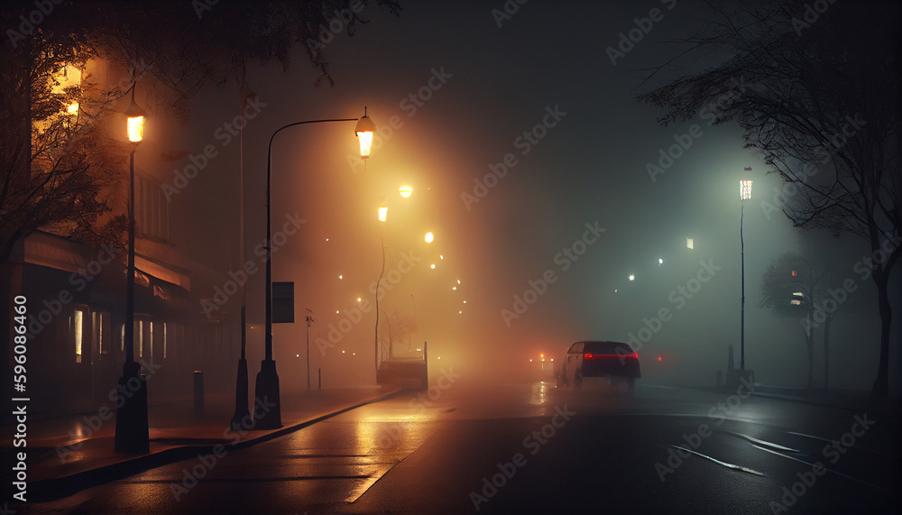 Town in the evening in the fog. Generative AI - obrazy, fototapety, plakaty 
