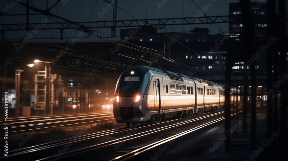 Fototapeta premium The train travels at night. Generative AI