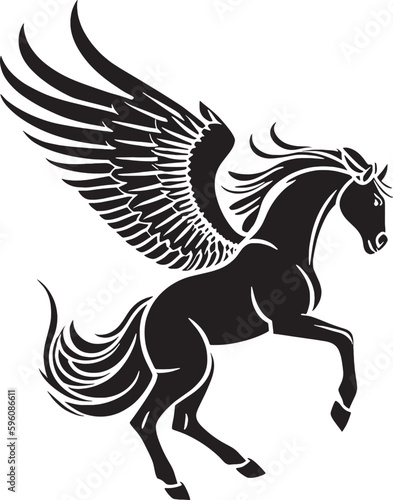 Rearing pegasus. Black on white background. Hand drawn vector illustration, line art, logo design