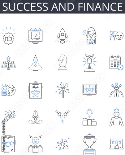 Success and finance line icons collection. Wealth and prosperity, Power and influence, Achievement and earnings, Growth and development, Profit and gain, Triumph and fortune, Riches and affluence