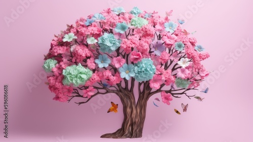 A tree with pink flowers and butterflies on light pink background. Generative AI