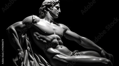 Michelangelo's David statue plaster copy isolated on black background. Ancient Greek sculpture. Generative ai